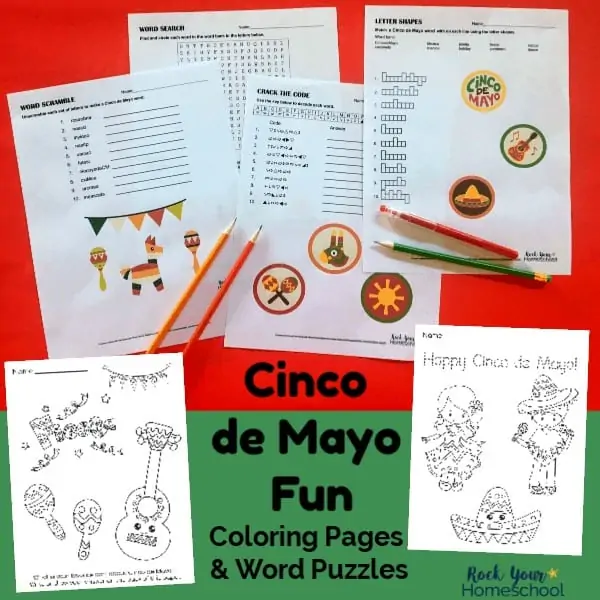 These free printable coloring pages & word puzzles will help you add fun to your celebration for Cinco de Mayo for kids.