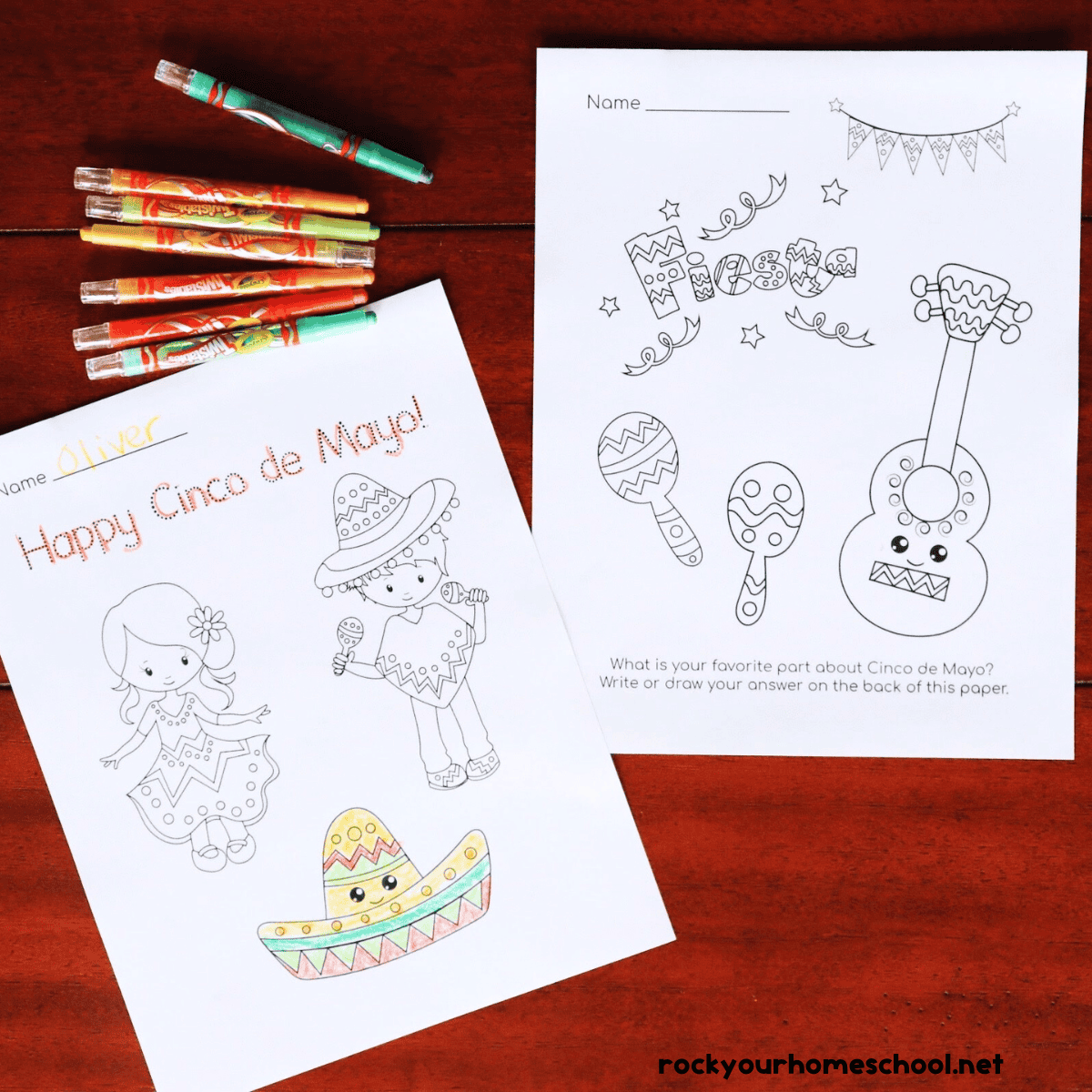 Two examples of free printable Cinco de Mayo coloring pages with twistable crayons.
