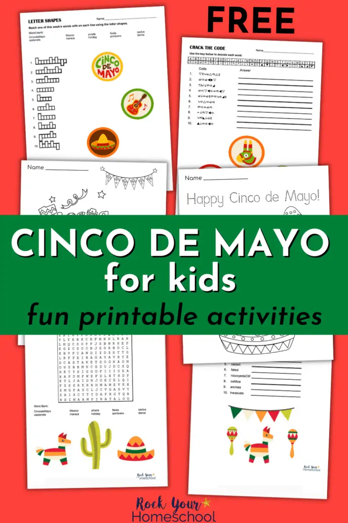 6 Cinco de Mayo free printable activities with word puzzles and coloring pages to feature the fantastic learning fun you\'ll have with these activities for Cinco de Mayo for Kids fun