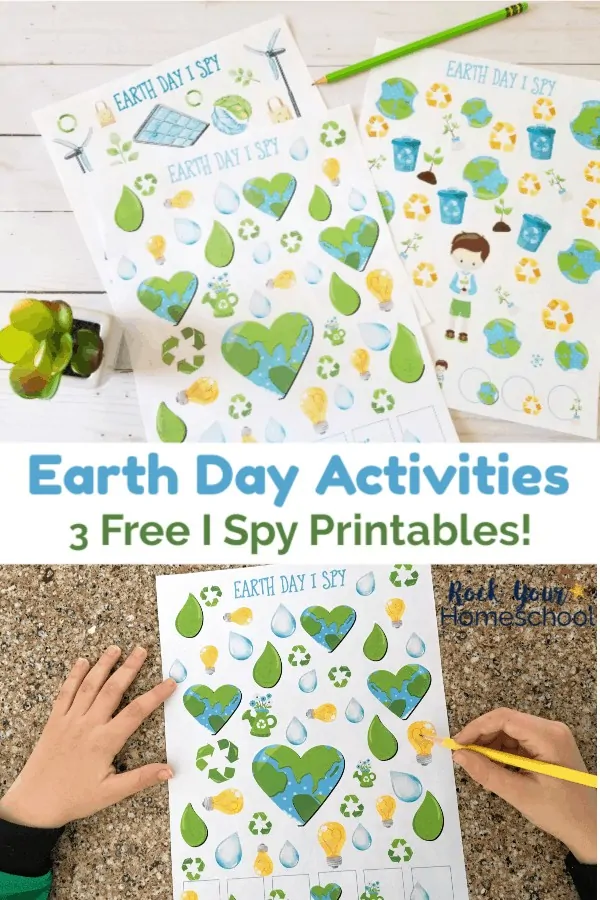 3 Earth Day I Spy printables with gree succulent on white wood and boy using yellow pencil to complete Earth Day I Spy on granite