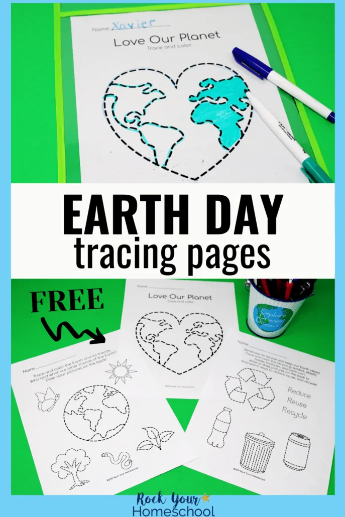 Earth in heart-shape in dry erase pocket and black dry erase marker &amp; Earth Day tracing pages with crayons to feature just a few of the ways you can celebrate Earth Day with kids