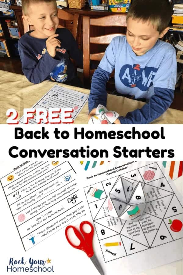 Two boys smiling & using a Back to Homeschool Conversation Starter cootie catcher and 2 free Back to Homeschool conversation starters on paper & cootie catcher with red scissors & rainbow striped paper