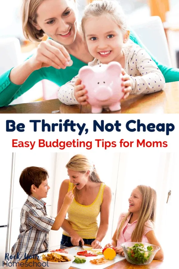 Mom wearing green sweater smiling with daughter wearing polka dot shirt holding pink piggy bank and adding coins and mom with pony tail wearing yellow tank top smiling as she does meal prep with vegetables with her son &amp; daugther