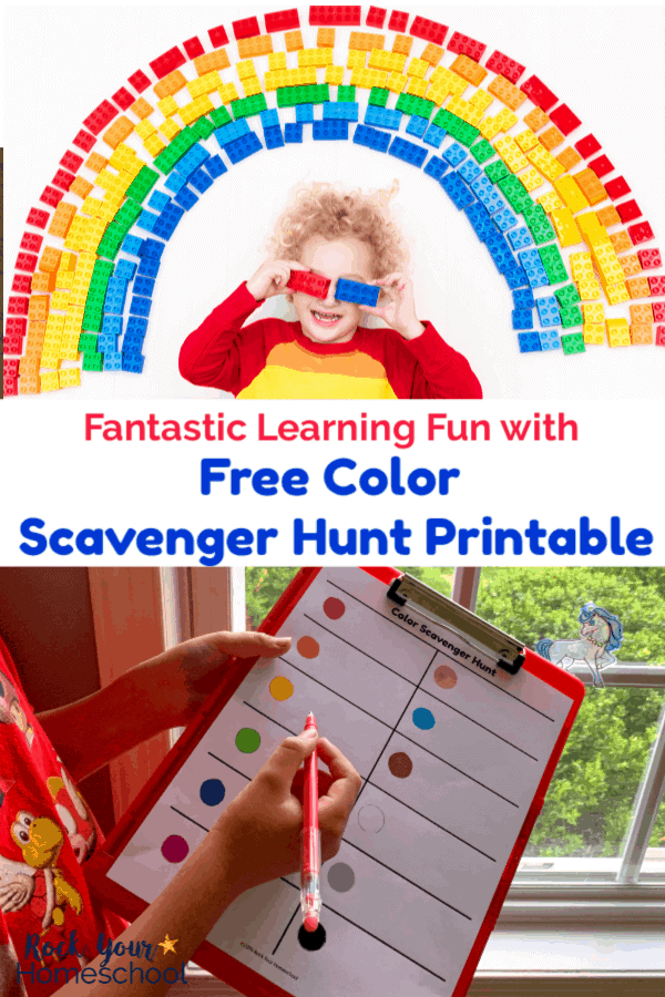 Child with blond curly hair wearing red, orange, &amp; yellow shirt holding red &amp; blue building blocks over eyes &amp; smiling with rainbow of building blocks on white background and boy holding red pen and red clipboard in front of window with free Color Scavenger Hunt printable