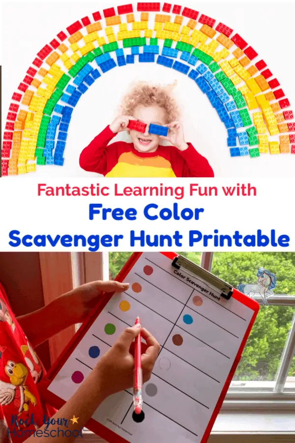 Child with blond curly hair wearing red, orange, &amp; yellow shirt holding red &amp; blue building blocks over eyes &amp; smiling with rainbow of building blocks on white background and boy holding red pen and red clipboard in front of window with free Color Scavenger Hunt printable