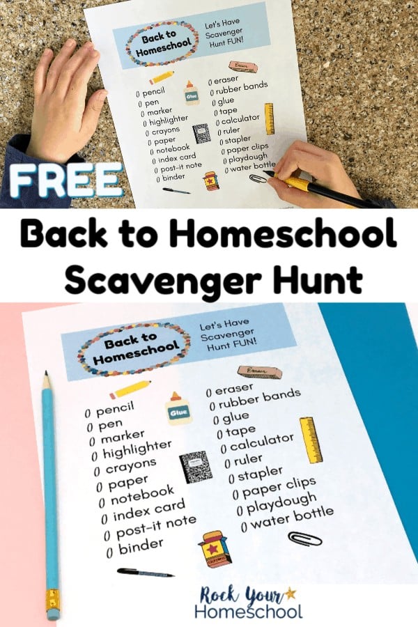 Boy using mechanical pencil to fill out Back to Homeschool Scavenger Hunt on granite surface and Back to Homeschool Scavenger Hunt printable on pink and blue paper with blue pencil