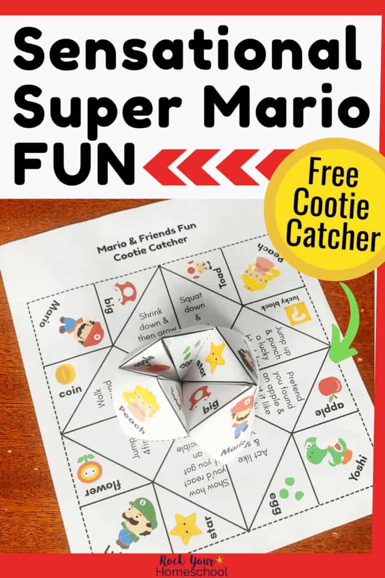 Super Mario cootie catcher folded and printable page featuring Mario, Luigi, Princess Peach, Yoshi, & more to highlight the easy, hands-on fun you can have with your kids without screens.