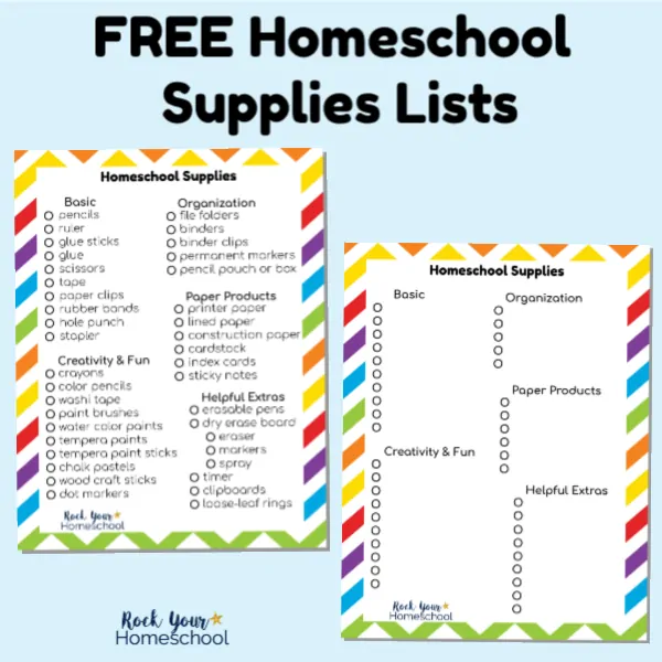 This free printable homeschool supplies list will help you get ready for the new year, save time, & money!