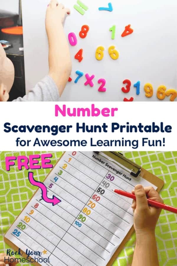 Boy pointing at colorful number magnets on white surface and free Number Scavenger Hunt printable on brown clipboard with lime green tablecloth being completed by boy with red pen