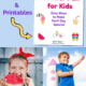 Summer Fun for Kids cover with sun, sunglasses, ice cream cone, lemonade, watermelon, seahorse, starfish, and flipflops on light blue background and smiling girl wearing red bandana headband eating watermelon slice in front of gray fence and boy in blue shirt wearing cardboard rocket standing on green grass with blue sky background