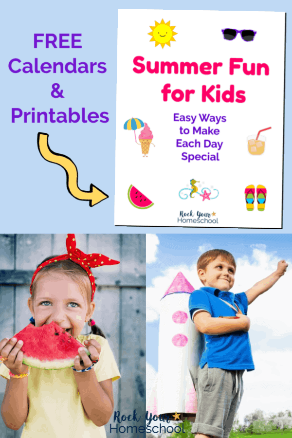 Summer Fun for Kids cover with sun, sunglasses, ice cream cone, lemonade, watermelon, seahorse, starfish, and flipflops on light blue background and smiling girl wearing red bandana headband eating watermelon slice in front of gray fence and boy in blue shirt wearing cardboard rocket standing on green grass with blue sky background