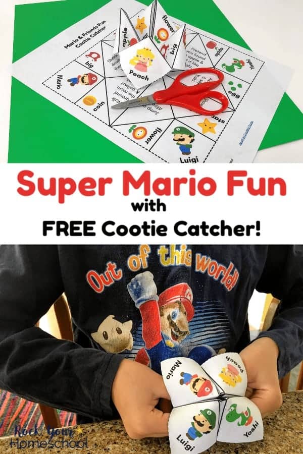 Free cootie catcher for kids for Super Mario 
Fun on green & white paper with red kids scissors and boy wearing Mario shirt holding Super Mario cootie catcher