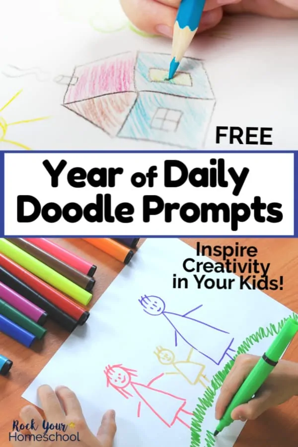 Boy using blue color pencil and child using markers to draw pictures to feature the creative fun your kids can have with this free Year of Daily Doodle Prompts