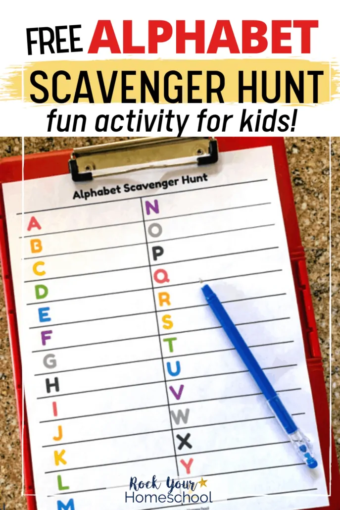 Alphabet scavenger hunt with blue pen on red clipboard to feature the various ways you can enjoy this fun activity with your kids