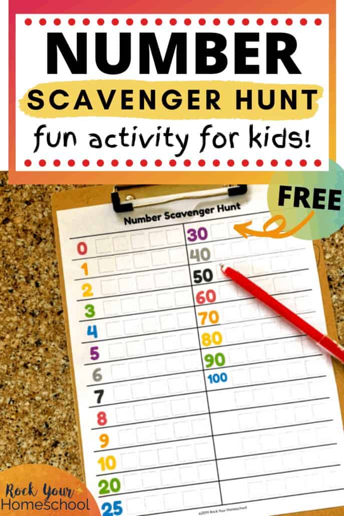 Number Scavenger Hunt with red pen on clipboard to feature the creative fun your kids will have with this free printable activity for home or on-the-go