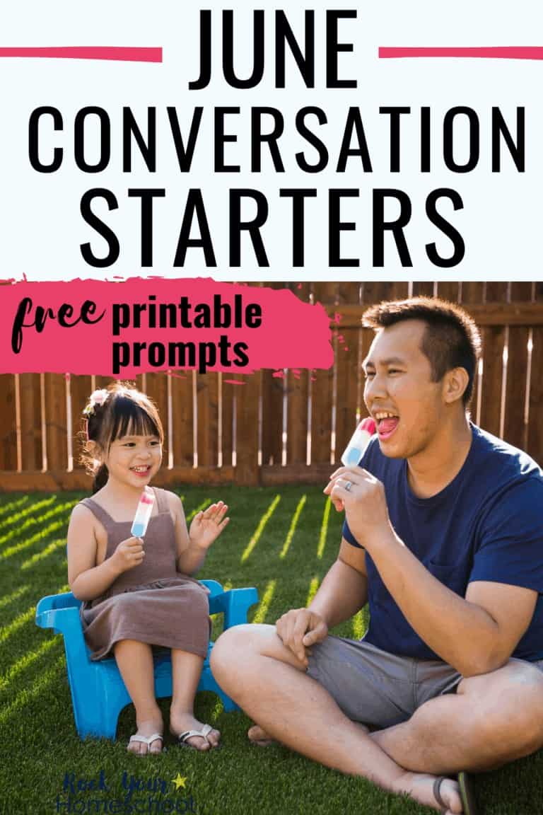 Smiling daughter & dad with red, white, and blue popsicles in backyard with wood fence to feature the awesome chats you can have with your kids using these free June conversation starters