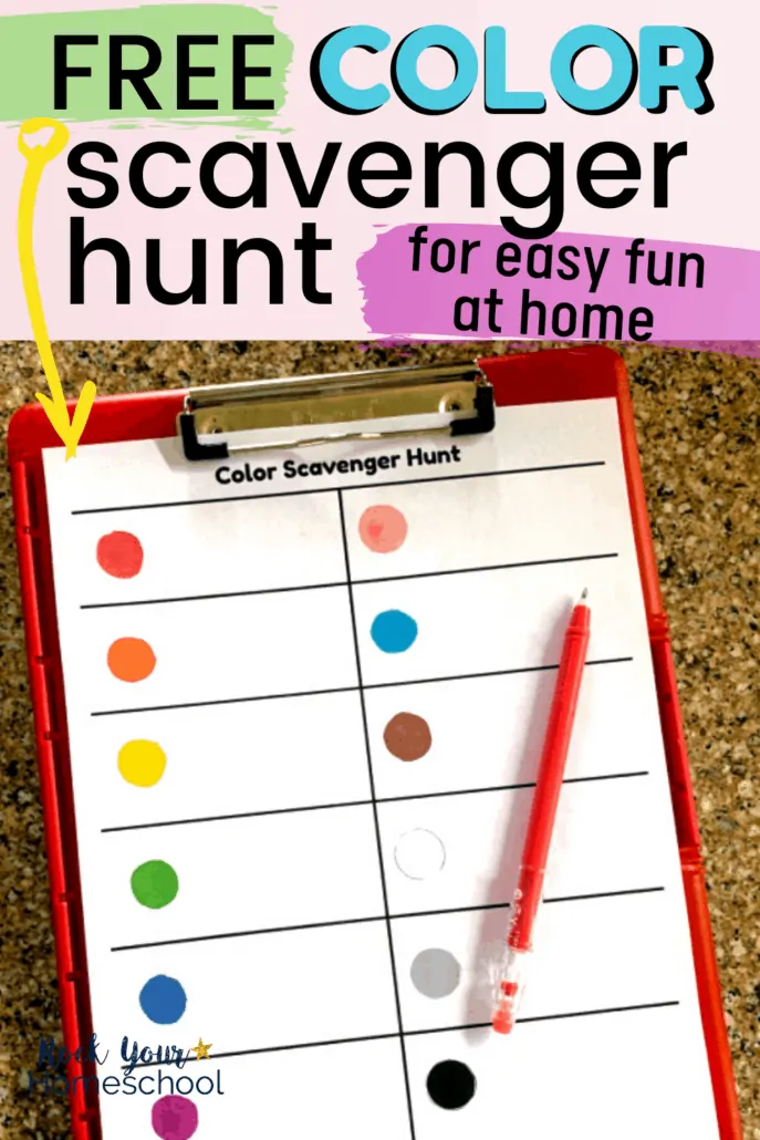 Color Scavenger Hunt printable on red clipboard with red pen to highlight the fantastic fun at home you can have with your kids using these activities