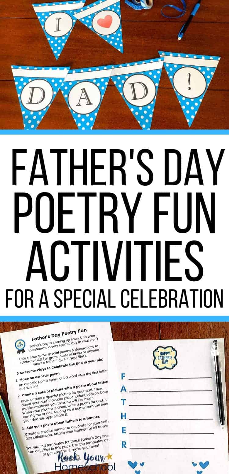 I heart Dad banner and Father' Day poetry fun activities to feature the special celebration you can enjoy with your kids using these printable resources for making a poems, cards, and a banner
