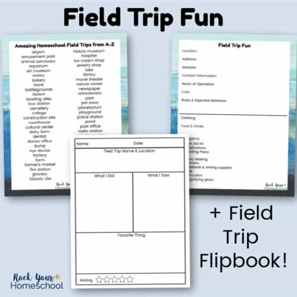 Plan & prepare for Field Trip Fun with this free printable pack. Includes list of Amazing Homeschool Field Trip Ideas from A-Z, Field Trip Fun Planner, report, and flipbook.