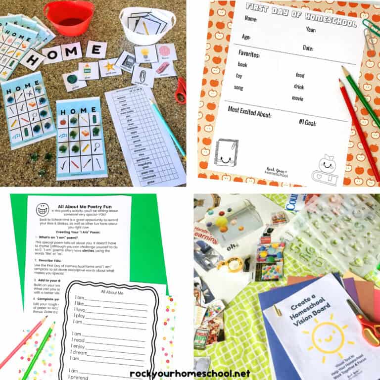 4 examples of fun back to homeschool ideas featuring bingo game, first day of homeschool worksheet, all about me poetry activity, and creating a homeschool vision board supplies.