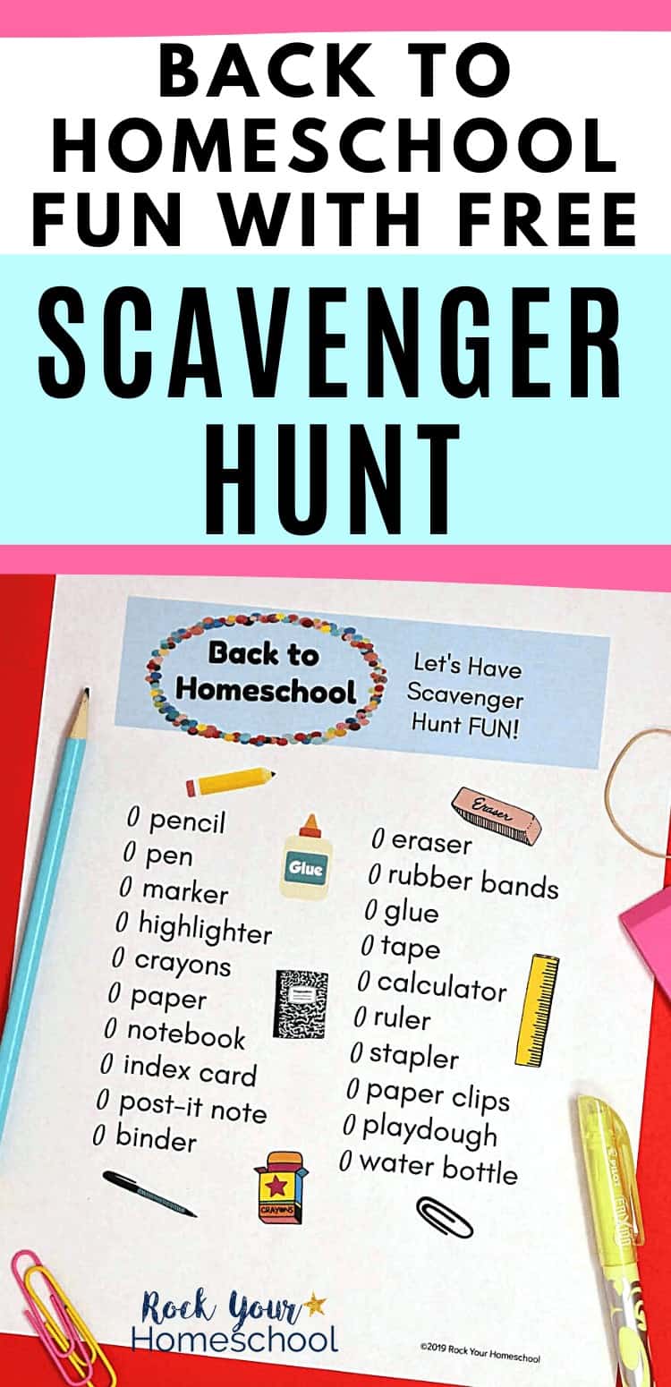 Back to Homeschool Scavenger Hunt with school supplies to feature all the fun you can have on your first day of homeschool with a special supplies scavenger hunt for kids