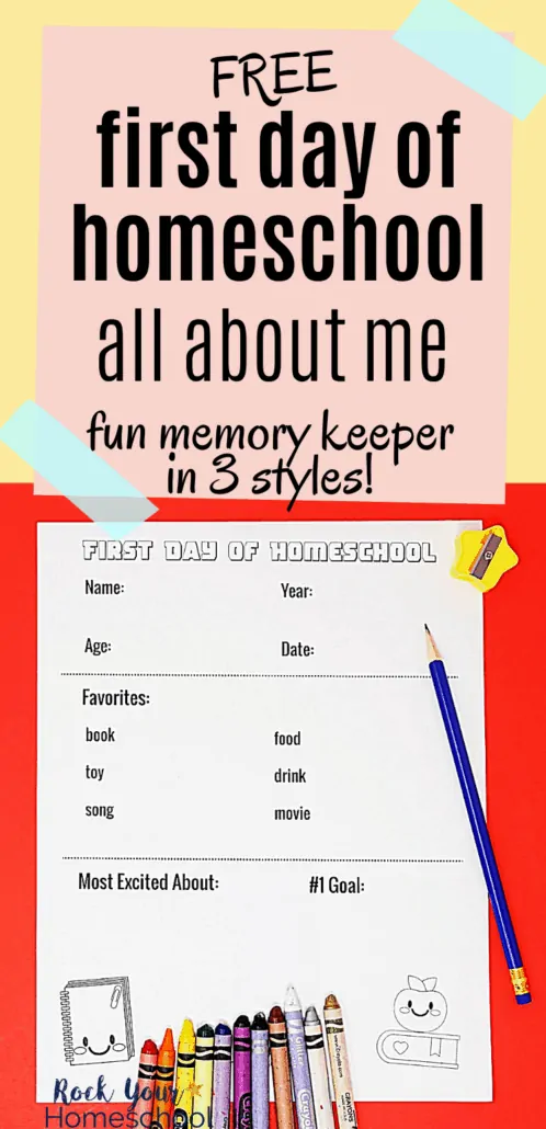 First Day of Homeschool printable for All About Me Fun to feature how these 3 free printables are awesome ways to get excited about the homeschool year &amp; use as memory keepers