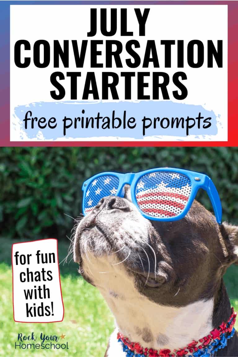 Dog wearing American flag sunglasses and red & blue party bead necklaces on sunny day to feature the fun & free discussion & writing prompts you'll get with these free July conversation starters