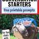 Dog wearing American flag sunglasses and red & blue party bead necklaces on sunny day to feature the fun & free discussion & writing prompts you'll get with these free July conversation starters