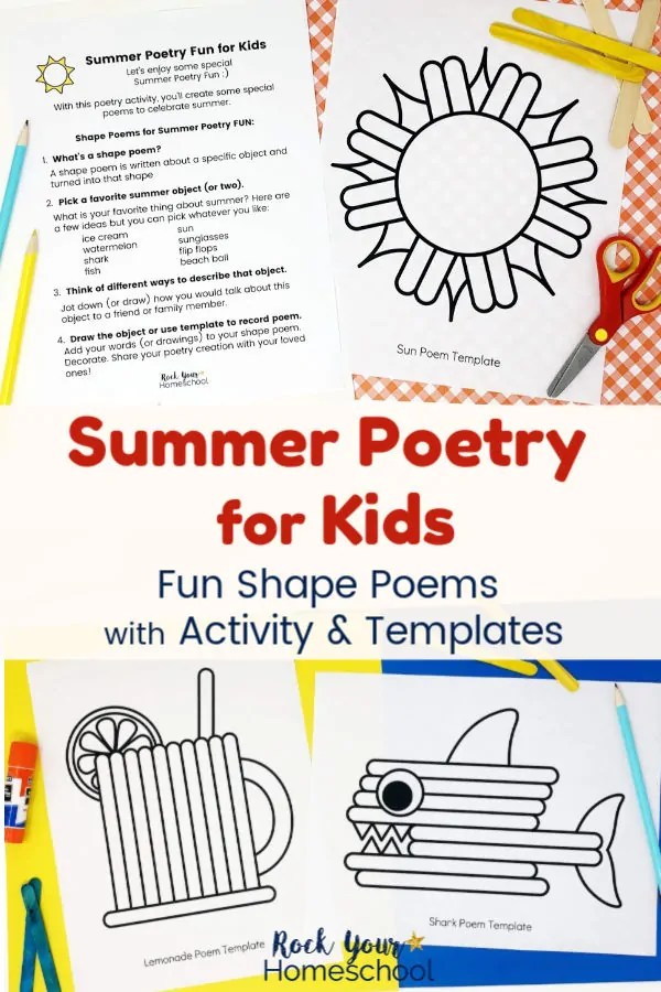 Summer Poetry for Kids activity plus sun, lemonade, and shark templates with blue &amp; yellow pencils, glue stick, red scissors on red &amp; white plaid paper &amp; yellow &amp; blue paper