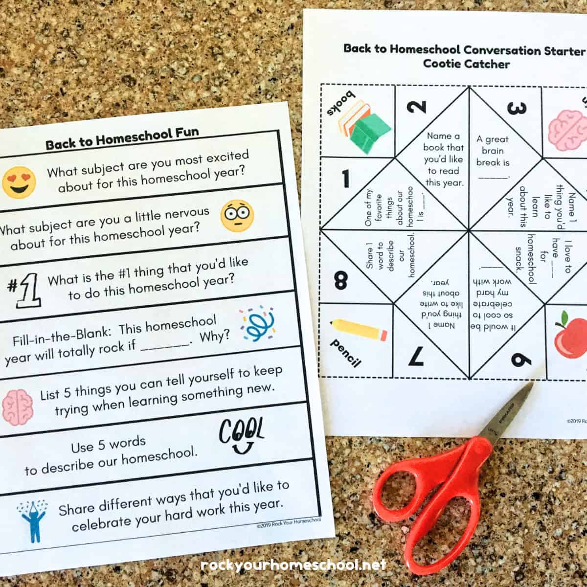 Two examples of printable back to homeschool conversation starters with prompts in paper strips and cootie catcher with scissors.