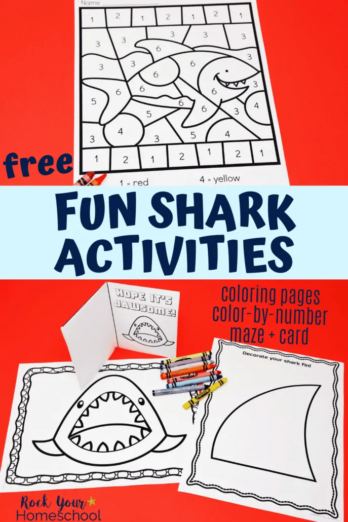 Shark color-by-number page, shark card, and shark coloring pages with crayons to feature the fantastic ways your kids can use these fun shark activities for Shark Week and more