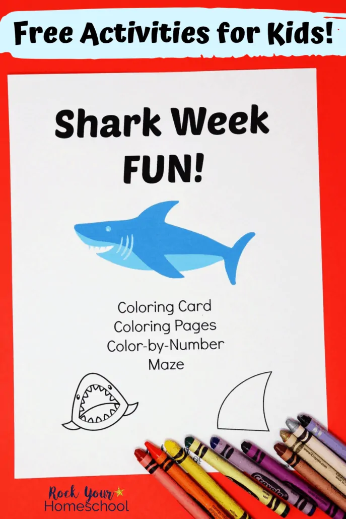 Shark Week Fun cover with crayons to features the spectacular ways you can celebrate Shark Week with kids or enjoy shark activities any time of year