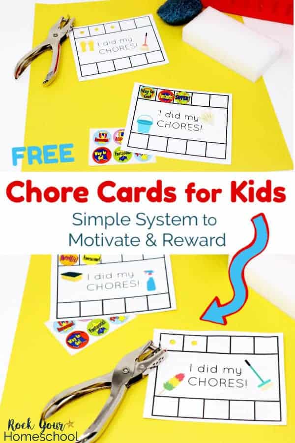 Chore cards for kids with stickers & hold punch & cleaning supplies on yellow & white paper