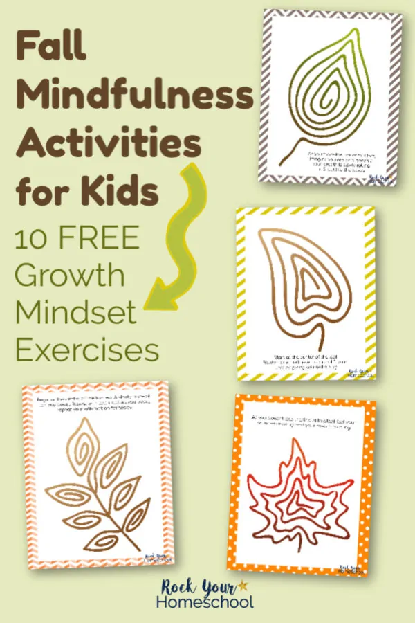 Examples of Fall Mindfulness Activities for Kids printables with leaves formed by lines on light green background