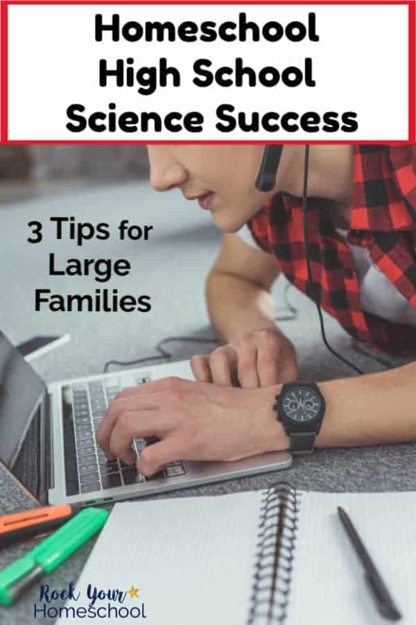 Teen boy wearing red and black flannel vest & white shirt and headphones with microphone & black watch is laying on floor with notebook, pen, & highlighters while working on laptop for homeschool high school science