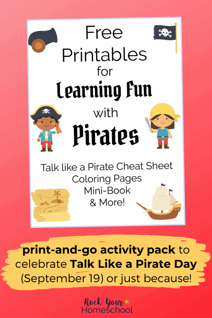 cover for Learning Fun with Pirates activity pack to feature the super fun activities and resources you can enjoy with your kids on Talk Like a Pirate Day (September 19)