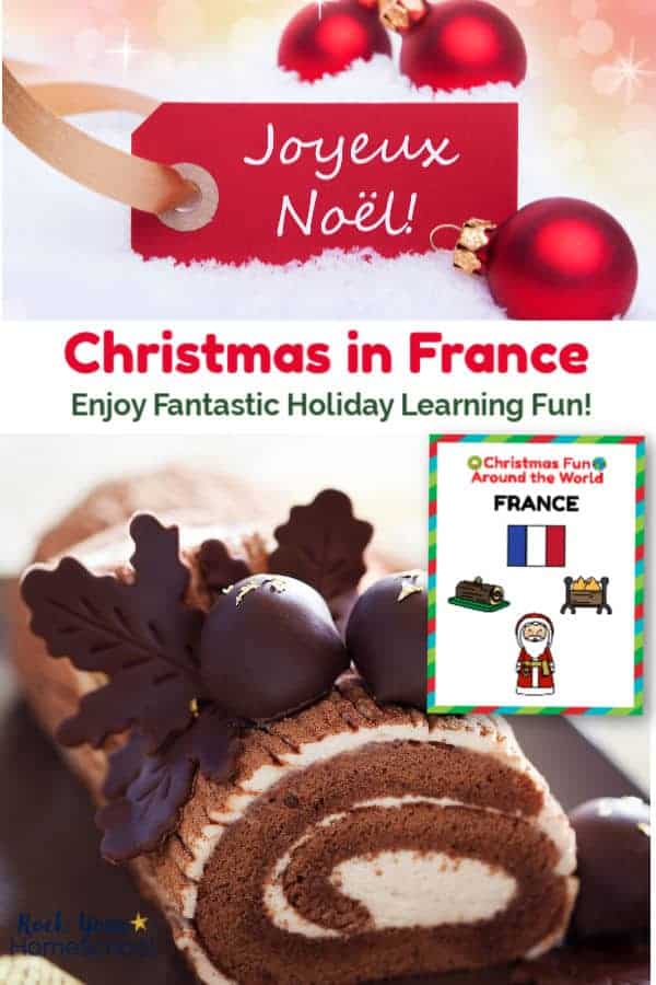 Joyeux Noel on red tag with red ornaments & snow and buche de noel French Christmas treat and Christmas Fun in France cover