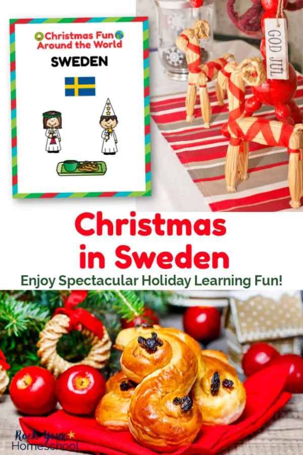 Straw reindeer with red ribbons on red-striped mat and God Jul tage and St. Lucia bun & red apples on red cloth with pine needles & wreath on light wood background and Christmas Fun in Sweden cover