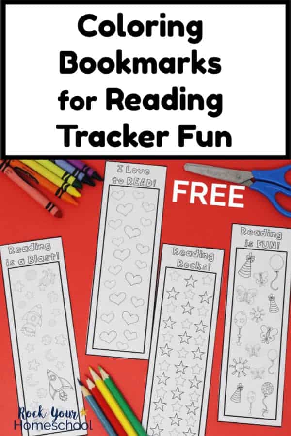 4 black and white coloring bookmarks on red paper with crayons & blue-handled scissors