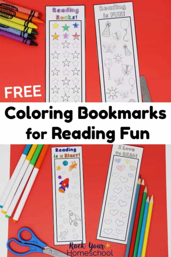 4 different coloring bookmarks for reading tracker fun on red paper with crayons, scissors, markers, & color pencils