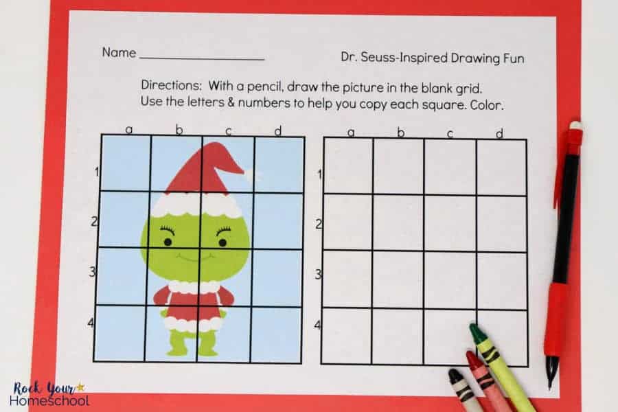 This Dr. Seuss-Inspired Grid Art Activity featuring The Grinch is fantastic creative fun for kids.
