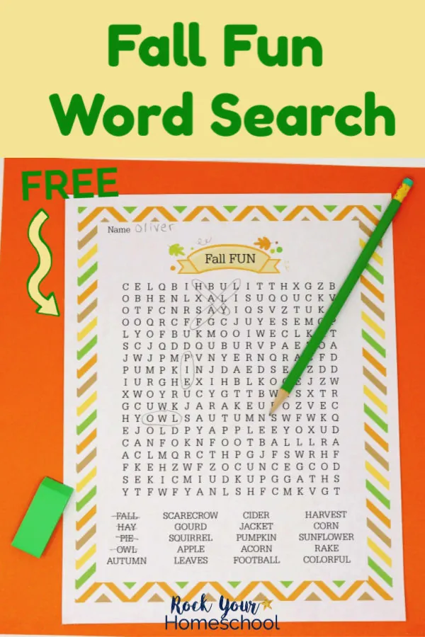 Fall Fun Word Search printable activity with orange, gold, brown, & green themes on orange paper with green pencil & green eraser