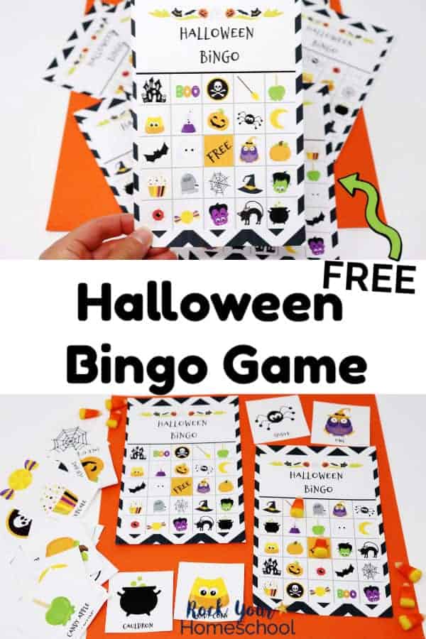 Woman holding Halloween Bingo Game card with other cards in background on orange paper and spread of Halloween bingo cards and calling cards plus candy corn on orange & white paper