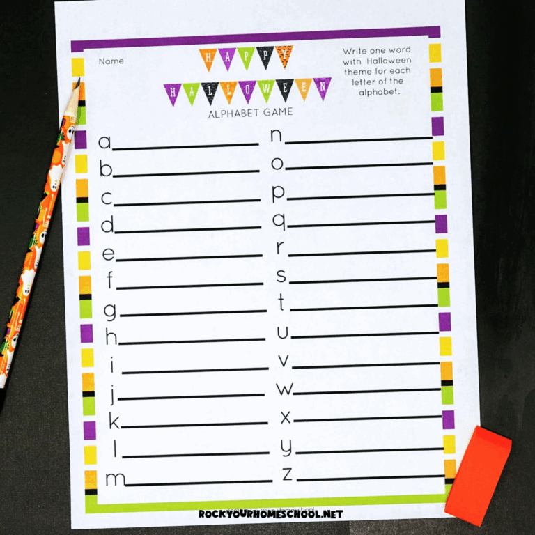 Example of free printable Halloween alphabet game for holiday fun for kids.