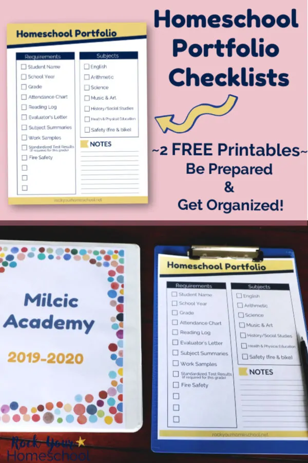 Homeschool portfolio checklist on blue clipboard & pen with homeschool binder on dark wood