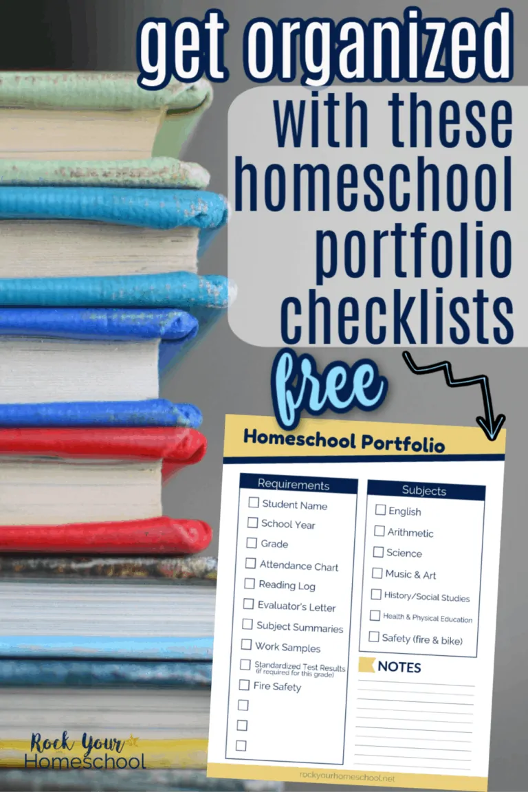 Stack of colorful books with free printable homeschool portfolio checklist to feature how these checklists can help you get & stay organized