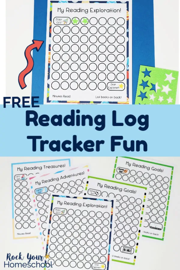 Space-themed reading tracker chart on blue paper with bright green star stickers and 5 reading log printable charts on white background