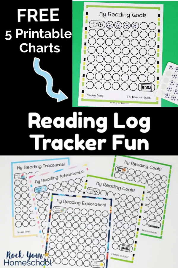 Soccer-themed reading tracker chart on green background with soccer ball stickers and 5 reading log printable charts on white background