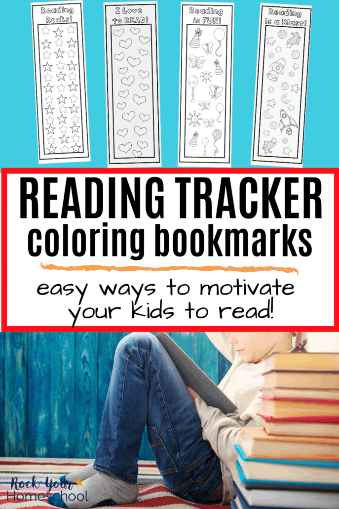 4 reading log coloring bookmarks and boy reading with a stack of books to feature how these free coloring bookmarks can be used as reading logs & more