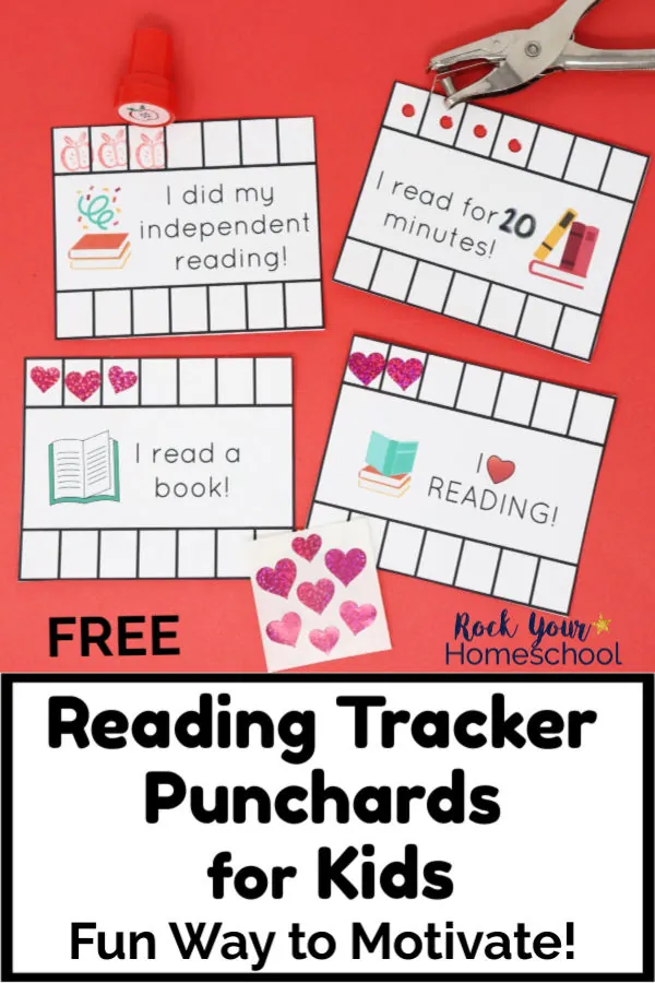 4 reading tracker punchcards with hole punch & heart stickers on red paper for your kids to enjoy